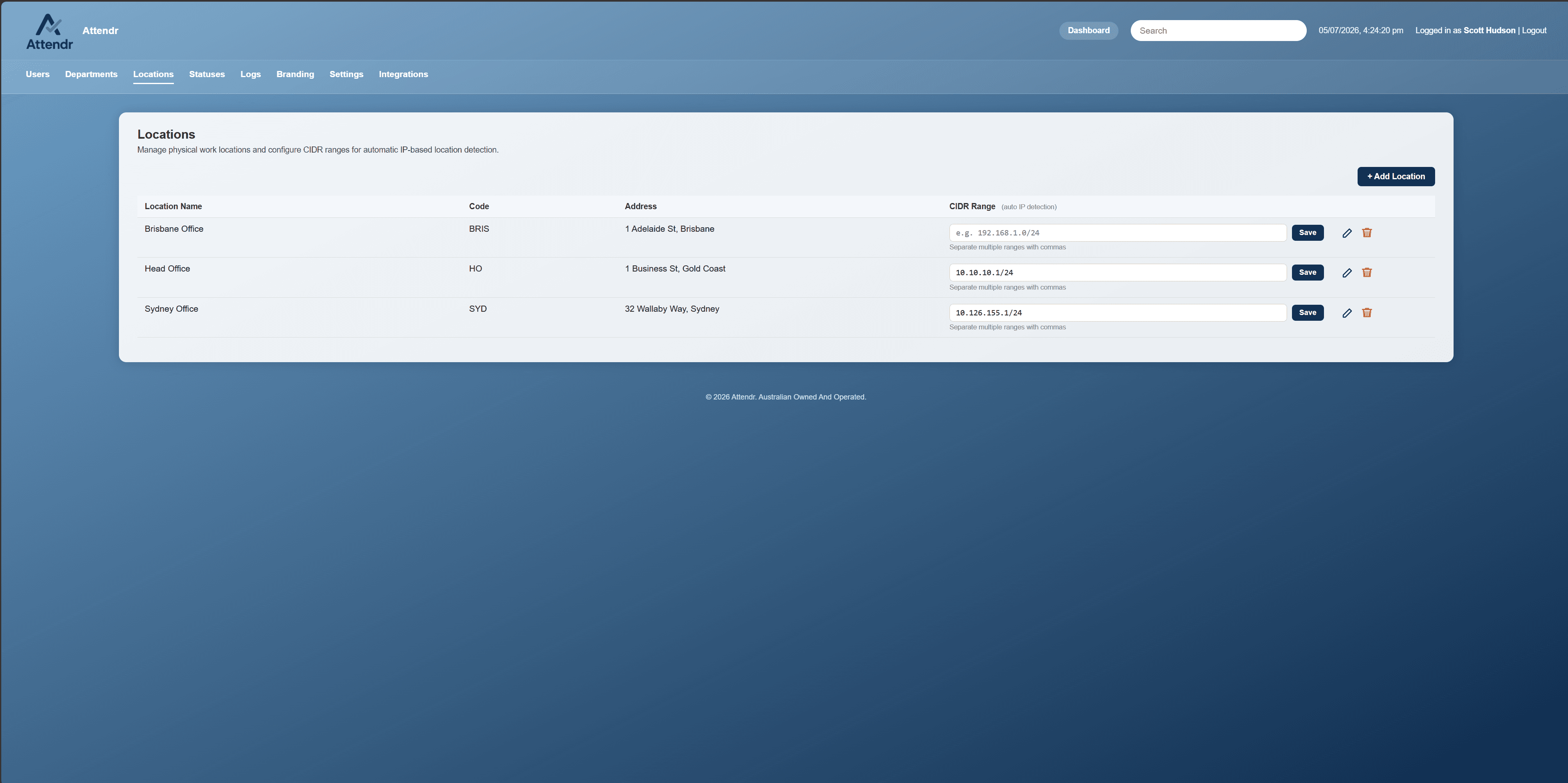 Attendr administration screen for configuring office locations and network ranges.