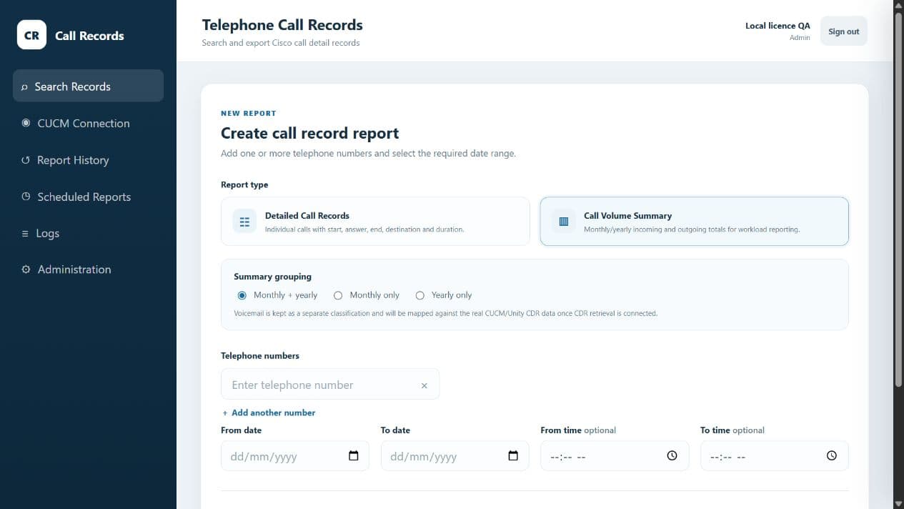 Call Records search and report setup in a clean demonstration installation, with telephone-number and date filters.